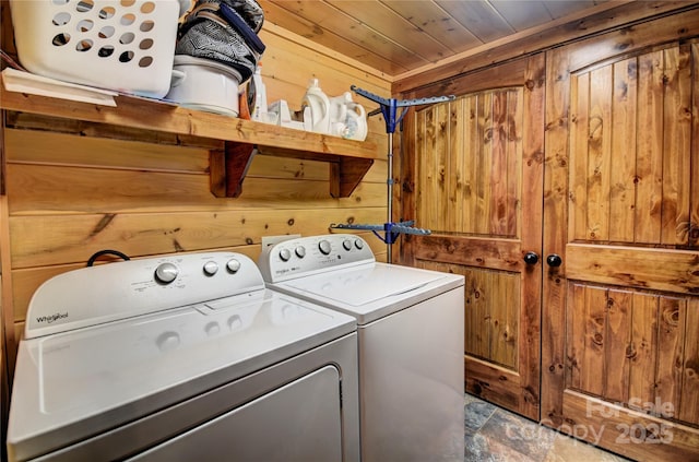 36 Destiny Trl, Maggie Valley, NC 28751 - laundry room with wooden walls, independent washer and dryer, and wood ceiling