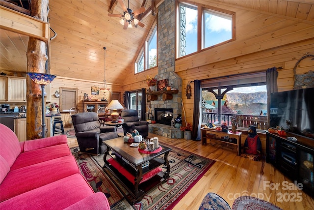 36 Destiny Trl, Maggie Valley, NC 28751 - living room featuring high vaulted ceiling, wooden ceiling, hardwood / wood-style floors, a stone fireplace, and a ceiling fan