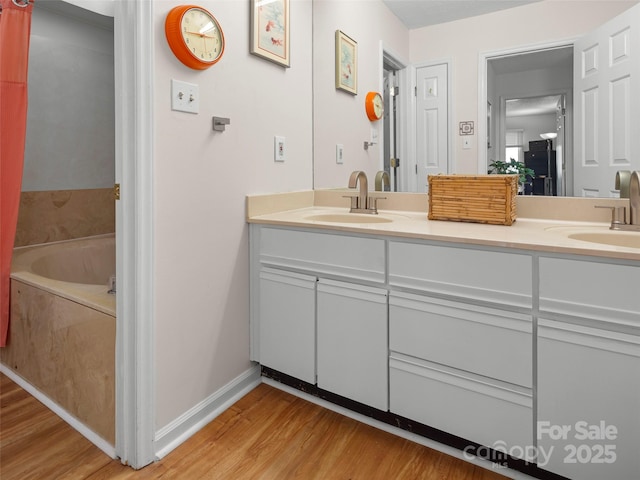 bathroom with a sink, double vanity, and wood finished floors