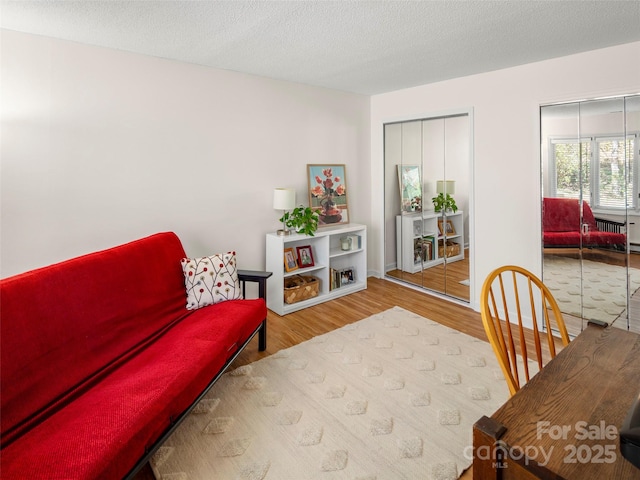 living room featuring a textured ceiling and wood finished floors