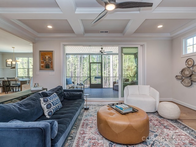 143 Robinson Ridge Dr, Mooresville, NC 28117 - living room with coffered ceiling, ceiling fan with notable chandelier, wood finished floors, and visible vents