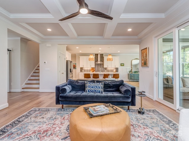 143 Robinson Ridge Dr, Mooresville, NC 28117 - living room featuring stairway, light wood-style floors, crown molding, and coffered ceiling