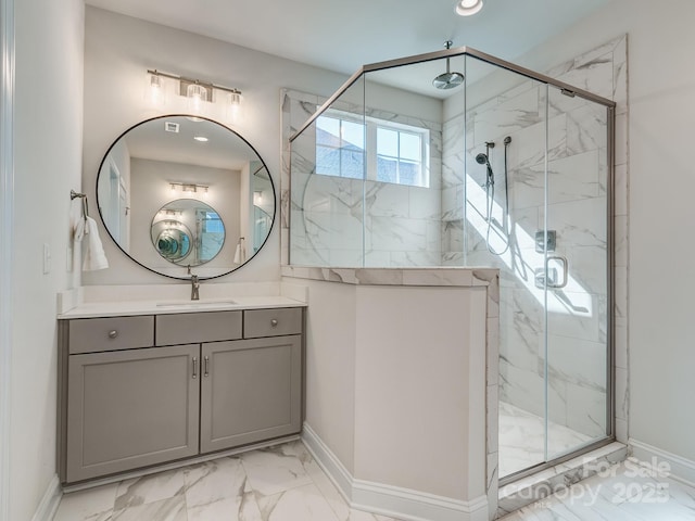 143 Robinson Ridge Dr, Mooresville, NC 28117 - full bathroom with a marble finish shower, baseboards, marble finish floor, and vanity