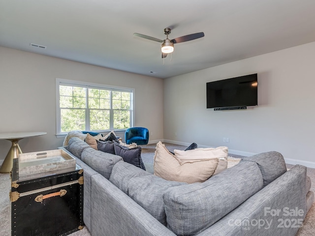 143 Robinson Ridge Dr, Mooresville, NC 28117 - living area with carpet flooring, visible vents, baseboards, and a ceiling fan