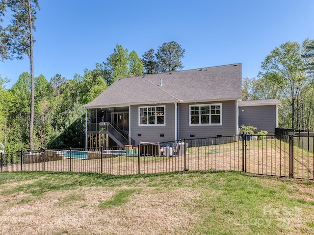 143 Robinson Ridge Dr, Mooresville, NC 28117 - back of house with a shingled roof, fence, a sunroom, and stairs