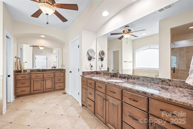 3005 Dream Catcher Cir, Fort Mill, SC 29715 - bathroom featuring visible vents, recessed lighting, ceiling fan, and vanity