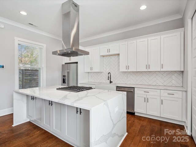 kitchen featuring white cabinets, a sink, appliances with stainless steel finishes, island exhaust hood, and a kitchen island