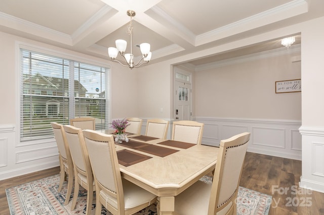 dining space with a notable chandelier, dark wood-style flooring, beam ceiling, and coffered ceiling