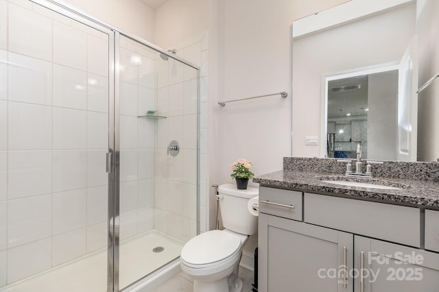 full bath featuring a shower stall, vanity, visible vents, and toilet