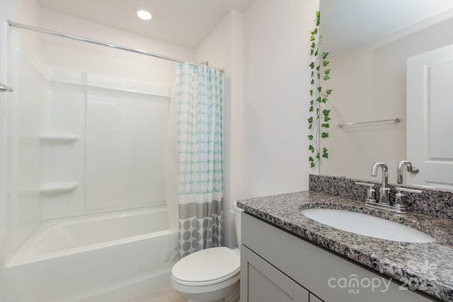 full bathroom with toilet, vanity, shower / tub combo with curtain, and recessed lighting