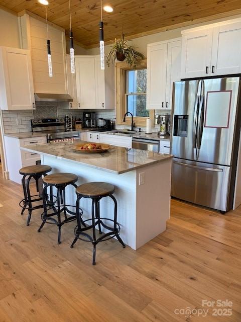 kitchen with wood ceiling, a sink, light wood-style floors, stainless steel appliances, and a kitchen island