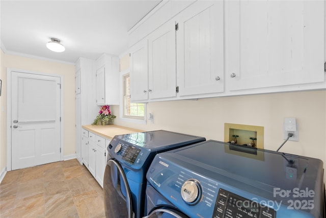 4896 Pageland Hwy, Lancaster, SC 29720 - laundry area with cabinet space, separate washer and dryer, stone finish floors, and crown molding