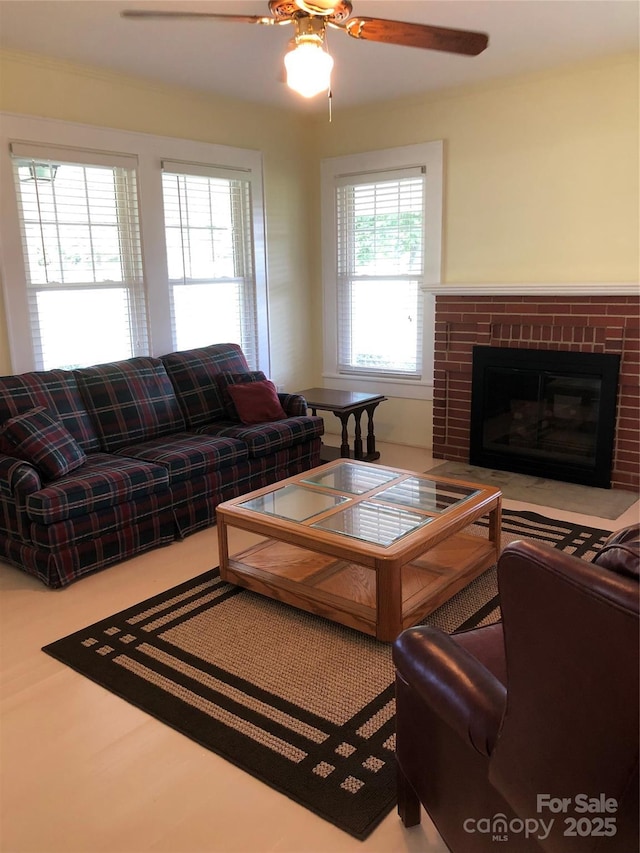 4896 Pageland Hwy, Lancaster, SC 29720 - living room with a ceiling fan and a brick fireplace