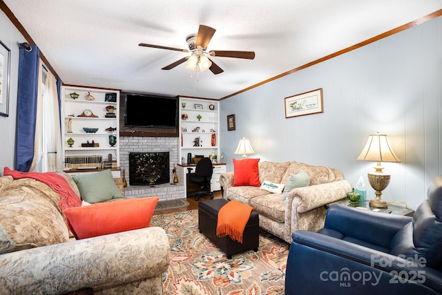 147 Spring Shore Rd, Statesville, NC 28677 - living area featuring a fireplace, a textured ceiling, crown molding, ceiling fan, and wood finished floors