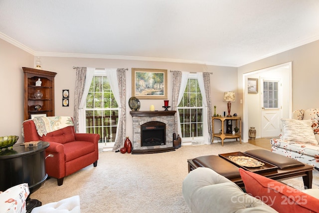 147 Spring Shore Rd, Statesville, NC 28677 - carpeted living room with crown molding and a fireplace