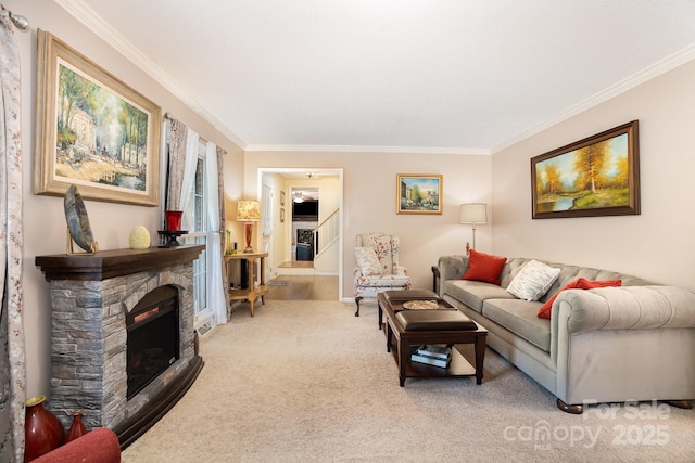 147 Spring Shore Rd, Statesville, NC 28677 - living area featuring crown molding, light carpet, and a stone fireplace