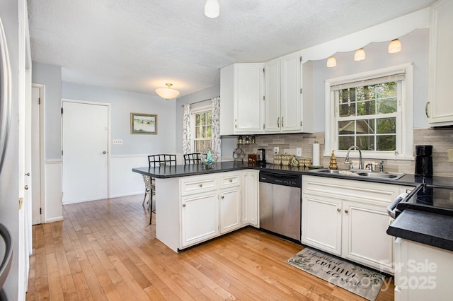147 Spring Shore Rd, Statesville, NC 28677 - kitchen featuring a peninsula, a textured ceiling, dishwasher, a sink, and dark countertops