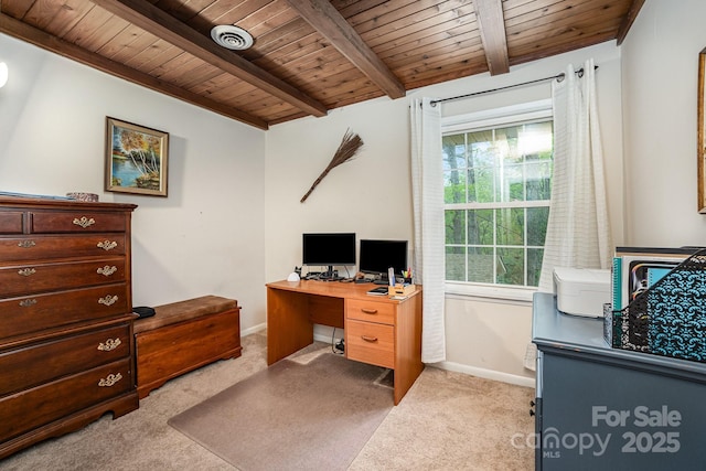 147 Spring Shore Rd, Statesville, NC 28677 - carpeted office space featuring wood ceiling, visible vents, baseboards, and beam ceiling