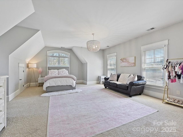 bedroom featuring lofted ceiling, light carpet, baseboards, and visible vents