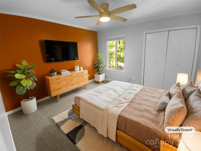8000 Briardale Dr, Charlotte, NC 28212 - bedroom featuring a closet, baseboards, ceiling fan, and light colored carpet