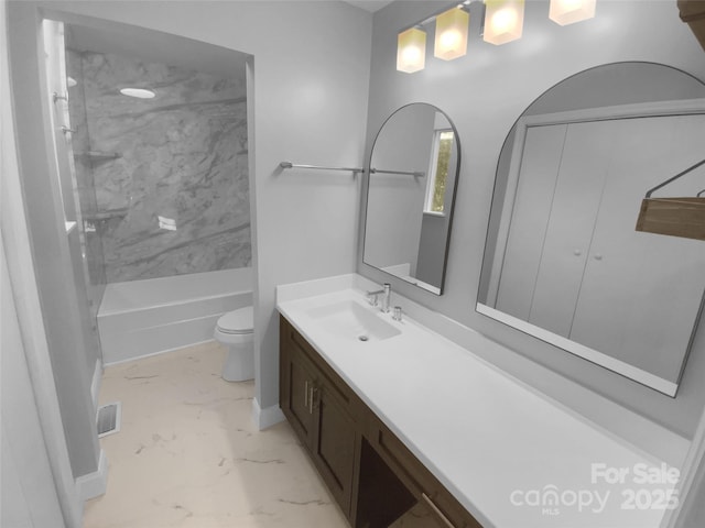 8000 Briardale Dr, Charlotte, NC 28212 - bathroom with vanity, visible vents, toilet, marble finish floor, and baseboards