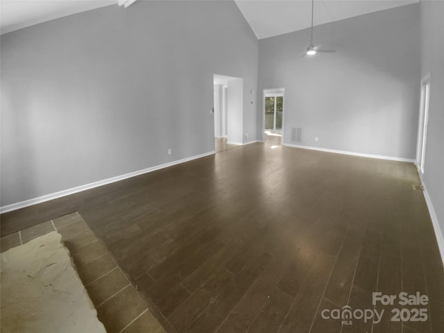 8000 Briardale Dr, Charlotte, NC 28212 - unfurnished living room featuring dark wood-type flooring, visible vents, baseboards, and high vaulted ceiling