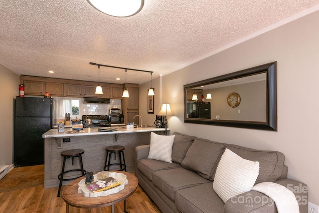 living area featuring recessed lighting, a textured ceiling, a baseboard radiator, and light wood-type flooring