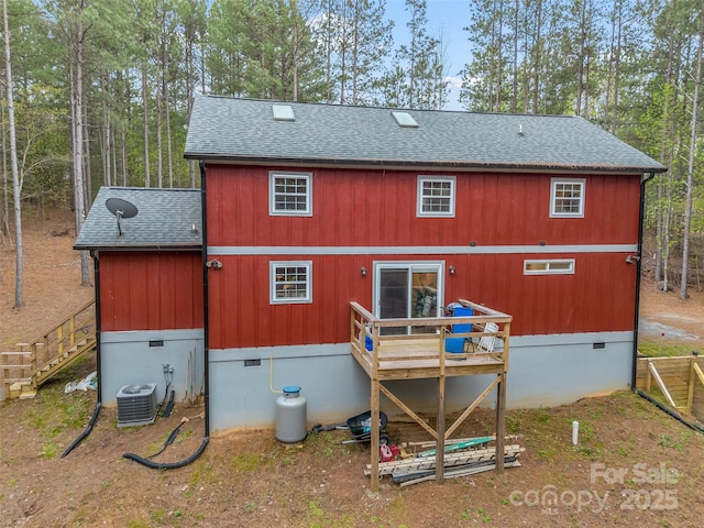 120 Ashley Ct, Mill Spring, NC 28756 - rear view of property with crawl space, a shingled roof, central AC unit, and stairs