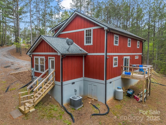 120 Ashley Ct, Mill Spring, NC 28756 - exterior space featuring central AC unit, a shingled roof, and stairs
