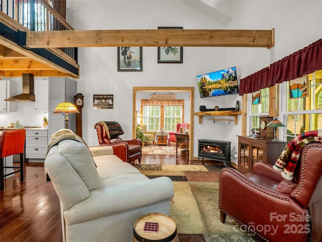 120 Ashley Ct, Mill Spring, NC 28756 - living room featuring dark wood-type flooring, a high ceiling, and beam ceiling
