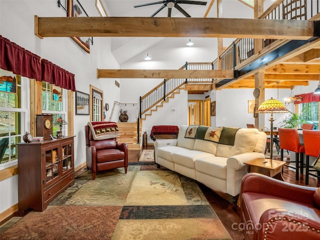 120 Ashley Ct, Mill Spring, NC 28756 - living room with stairway, a towering ceiling, baseboards, and a ceiling fan
