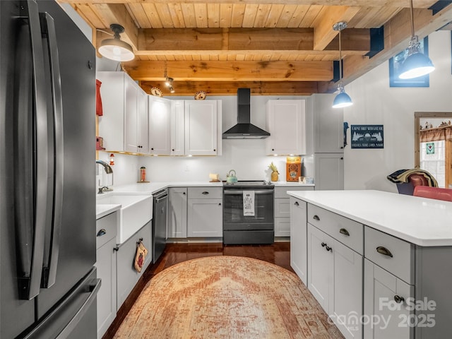 120 Ashley Ct, Mill Spring, NC 28756 - kitchen featuring wooden ceiling, wall chimney range hood, light countertops, appliances with stainless steel finishes, and dark wood-type flooring