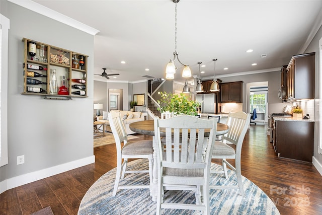 dining area with recessed lighting, ornamental molding, and a ceiling fan