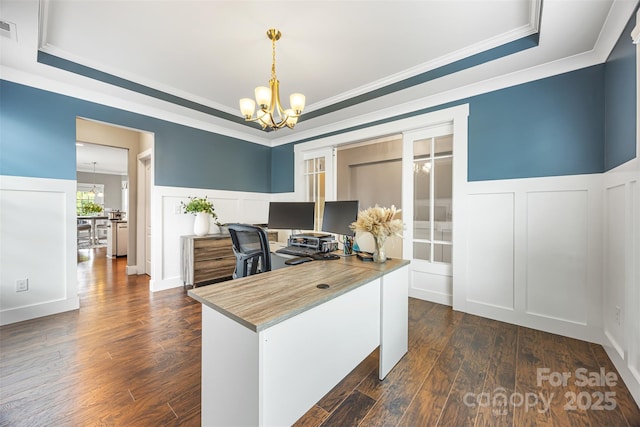 office featuring visible vents, crown molding, a chandelier, a tray ceiling, and dark wood-type flooring