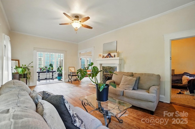 247 W Park Ave, Charlotte, NC 28203 - living area with crown molding, a fireplace, a ceiling fan, wood finished floors, and baseboards