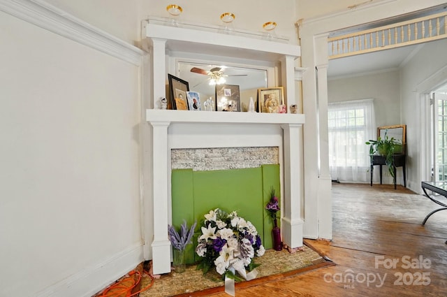 247 W Park Ave, Charlotte, NC 28203 - details featuring crown molding, wood finished floors, a ceiling fan, and ornate columns