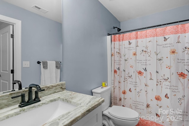 full bathroom with visible vents, a shower with shower curtain, toilet, and vanity