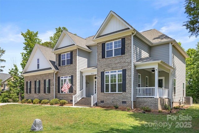 view of front of house featuring covered porch, a front yard, cooling unit, a ceiling fan, and crawl space
