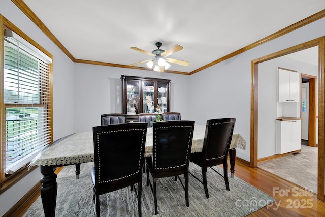 dining room with crown molding, ceiling fan, wood finished floors, and baseboards