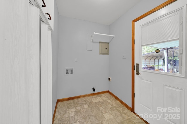 laundry room with laundry area, stone finish flooring, electric panel, washer hookup, and baseboards