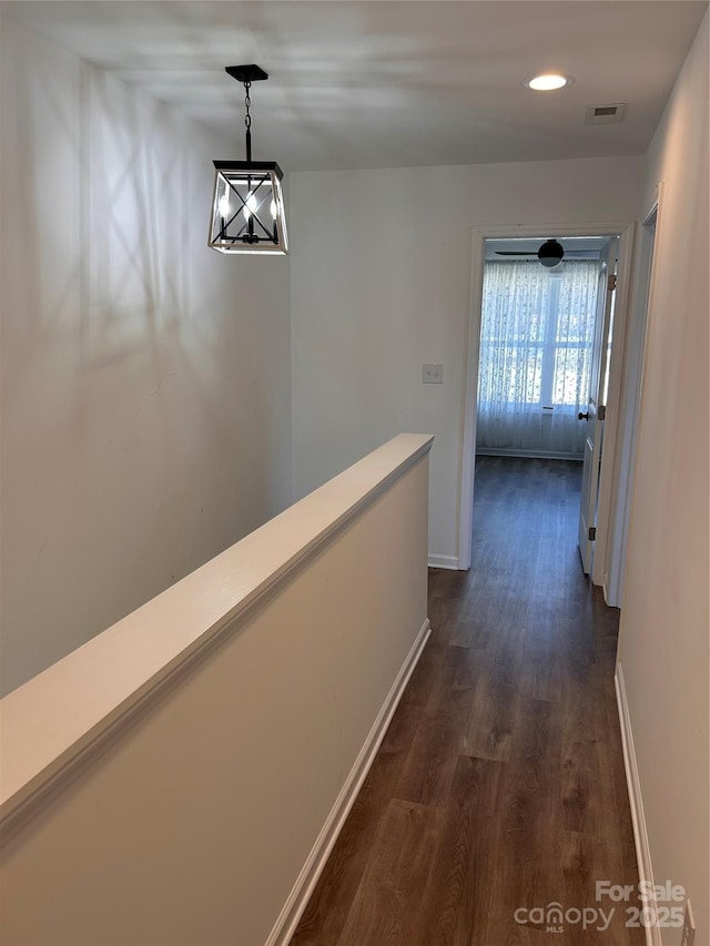 190 Honeycutt Dr, Connelly Springs, NC 28612 - corridor with visible vents, recessed lighting, baseboards, dark wood-style floors, and a notable chandelier