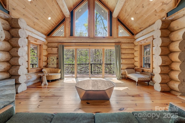 living room featuring hardwood / wood-style flooring, high vaulted ceiling, beamed ceiling, and wooden ceiling