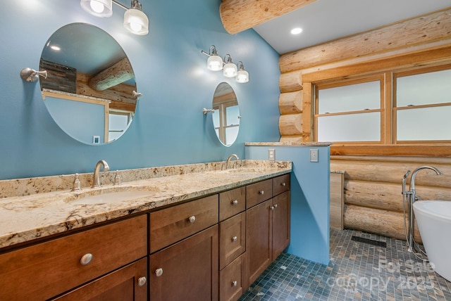 full bath featuring a sink, rustic walls, and beam ceiling