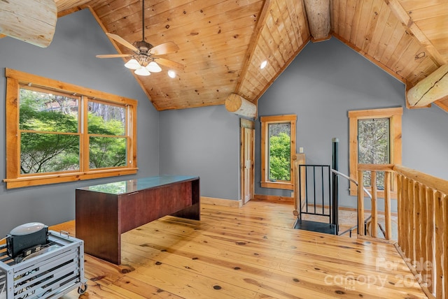 unfurnished office with lofted ceiling with beams, hardwood / wood-style floors, and wooden ceiling