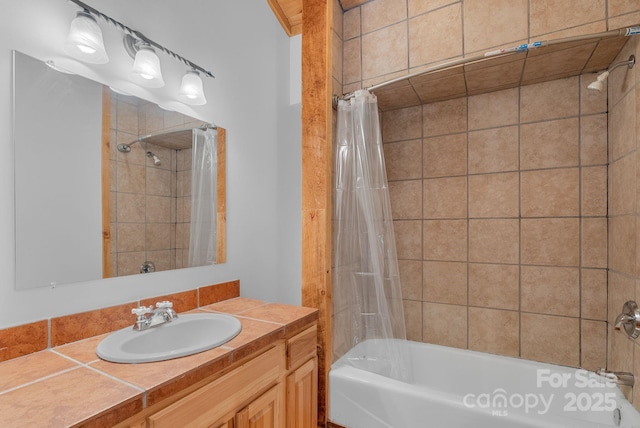 full bath with shower / tub combo with curtain and vanity