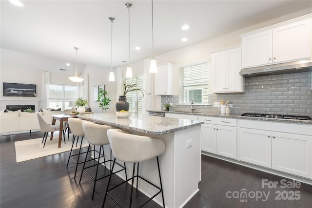 1005 Argentium Way, Waxhaw, NC 28173 - kitchen featuring stainless steel gas stovetop, under cabinet range hood, dark wood-style flooring, plenty of natural light, and recessed lighting