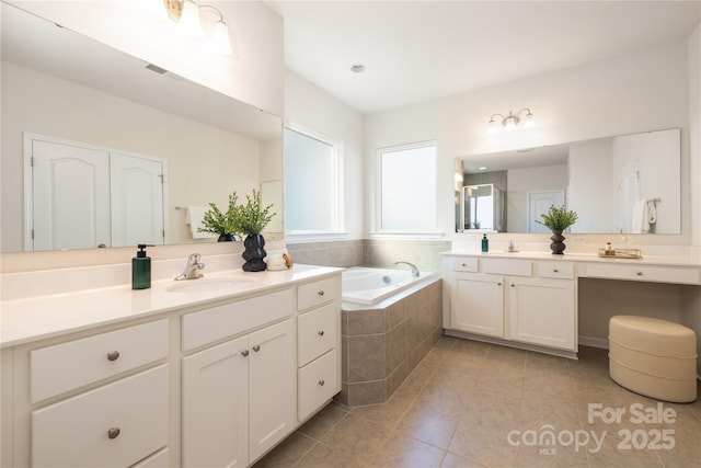 1005 Argentium Way, Waxhaw, NC 28173 - bathroom with two vanities, a bath, tile patterned floors, and a shower stall