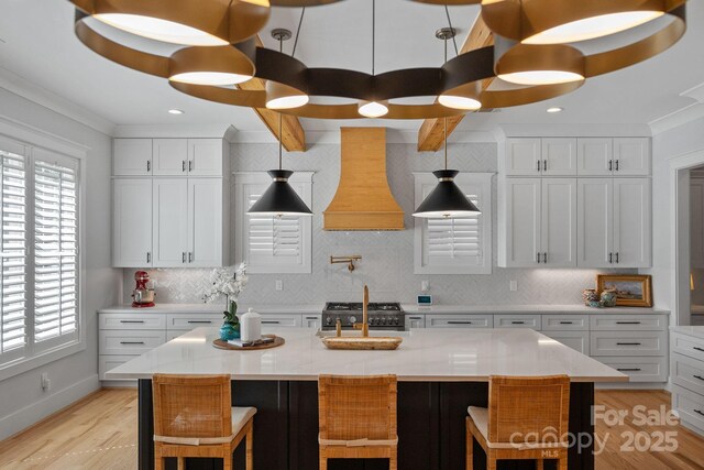 kitchen featuring custom exhaust hood, decorative backsplash, plenty of natural light, and range with gas stovetop