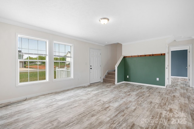 123 Pumice Dr, Statesville, NC 28625 - empty room featuring crown molding, wood finished floors, stairway, and baseboards