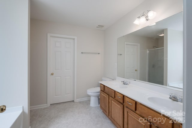 1144 Spicewood Pines Rd, Fort Mill, SC 29708 - bathroom featuring a stall shower, double vanity, toilet, a bath, and baseboards